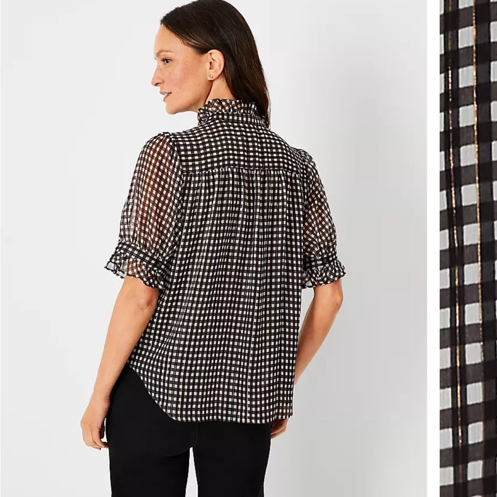 Ann Taylor Shimmer Houndstooth Ruffle Button Top - Picture 2 of 5